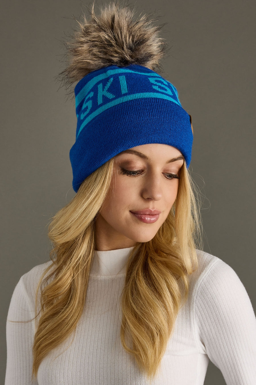 Double Ski Hat Blue With Pom