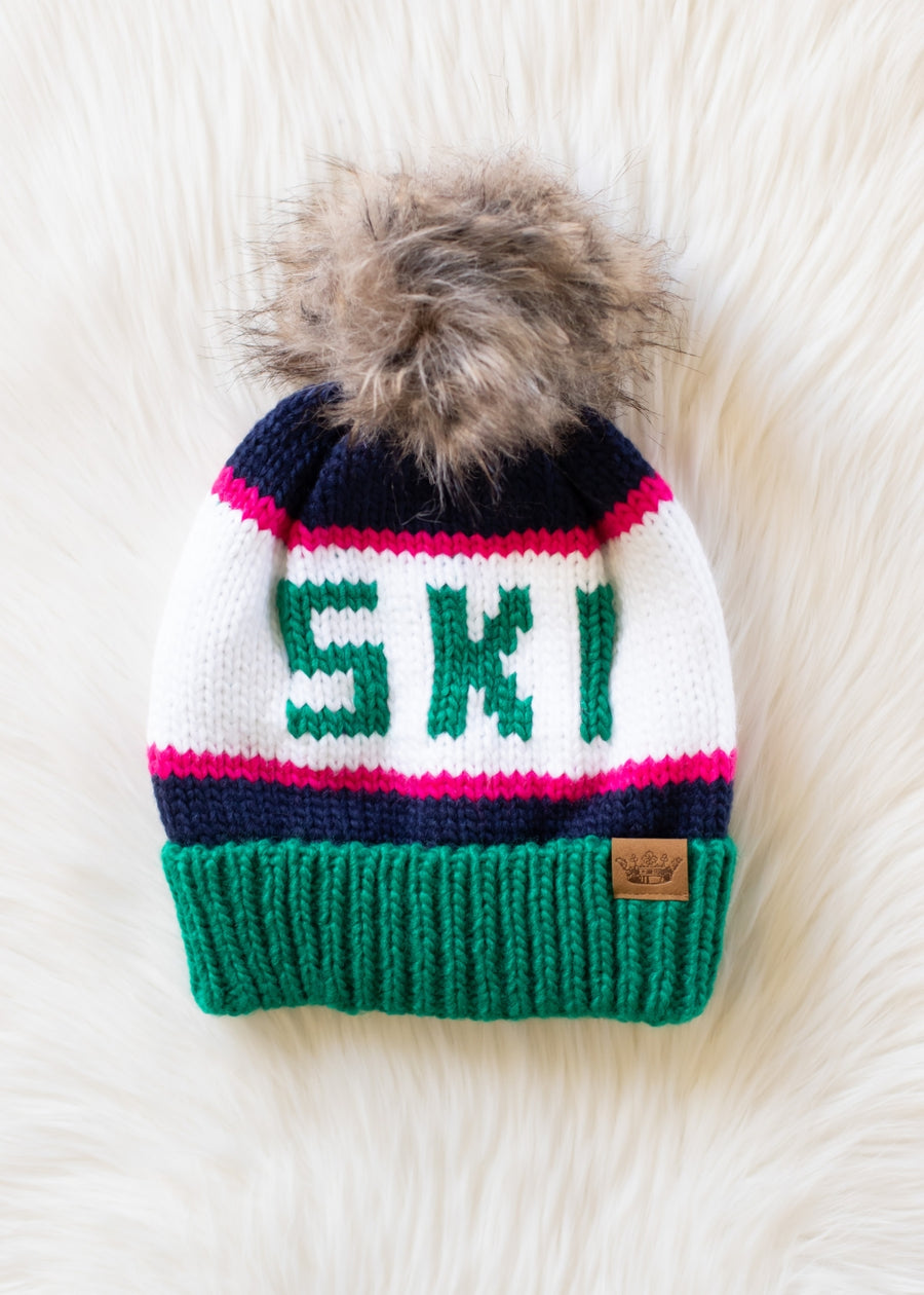 SKI hat with pom Green/Navy/Pink