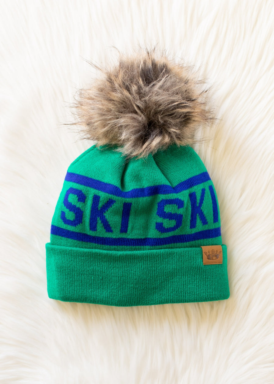 Double Ski Hat Green with Pom
