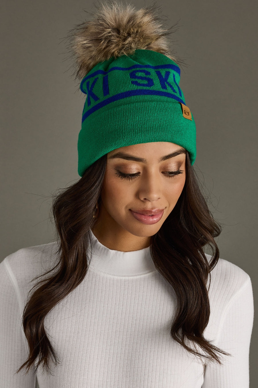 Double Ski Hat Green with Pom